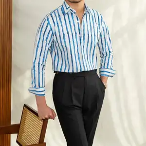 Wholesale Factory Price 100% Cotton Man Casual Striped Shirt Leisure Vertical Striped Shirt Long Sleeve Shirt