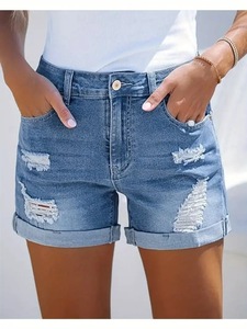 2026 Denim Shorts Women's High Waist Ripped Denim Shorts With <b>Folded</b> Hem - Product Image 2