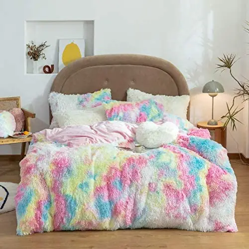 Rainbow Color Faux Fur Velvet Fluffy Plush Soft Bedding Duvet set 3Pieces Warm For Girl