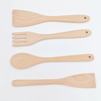 Ensemble de 4 ustensiles de cuisine en bois de hêtre non peint de 30 cm : Spatule, Cuillère, Fourchette pour poêles antiadhésives