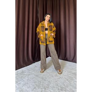 เสื้อโค้ทผ้าฟลีซลายสก๊อตสีมัสตาร์ดสำหรับผู้หญิง สไตล์ลำลองแบบฟูฟ่อง - Product Image 3