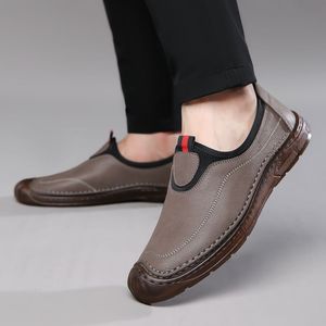 Men's Leather Loafers Round Toe Slip-On Soft <b>Rubber</b> Sole All Seasons Solid Color Casual Shoes - Product Image 3
