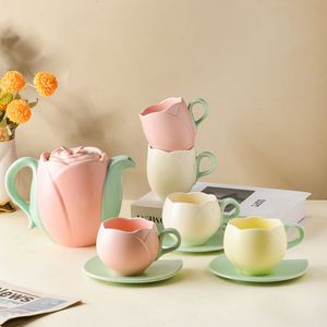 Juego de Taza y Platillo de Cerámica Estilo Japonés con Diseño de Tulipán, Taza de Té para Desayuno de 100 ml, Linda Taza de Espresso con Plato con Diseño de Hoja - Product Image 2