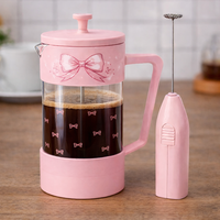 Cafetière à piston rose mignonne avec mousseur à lait, coffret cadeau, logo personnalisé, vente en gros de cafetière à piston et de mousseur à lait