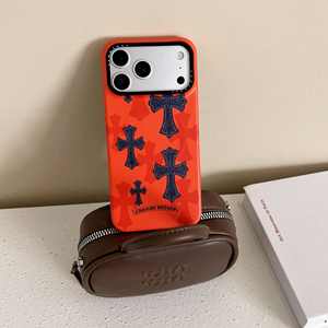 כיסוי טלפון מעור עם צלב של Chrome Hearts לאייפון 17 14 13 12 11 פרו מקס 16 15 פלוס של אפל, מגנטי, כתום - Product Image 6