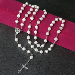 Mecrt Christian Jewelry 8mm Rose <b>Beads</b> Religious Catholic Rosary Enamel Crucifix Pendant Fashion Beaded <b>Necklace</b> - Product Image 5