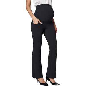 Pantalon de maternité pour femme, taille haute, extensible, coupe droite, avec poches, respirant, pour la grossesse et le travail - Product Image 1