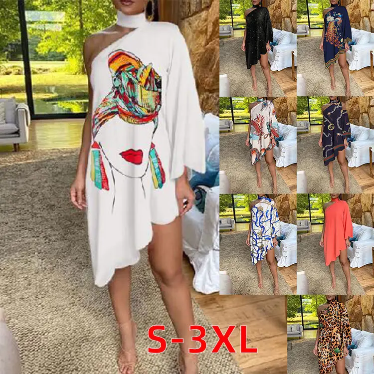 Abbigliamento donna party club abito sexy abiti larghi stampa volant una manica con spalle scoperte abito casual da donna