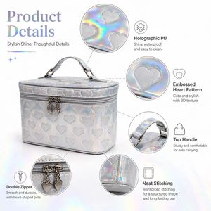 OEM ODM Holographic PU Cosmetic <b>Case</b> Large Capacity Travel <b>Makeup</b> Organizer Bag with Double Zipper Top Handle Wholesale - Product Image 3