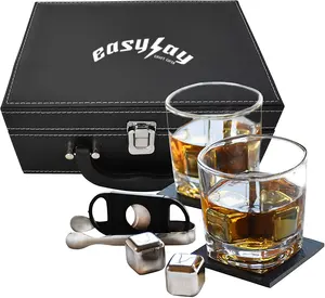 威士忌酒杯套装黑色皮盒酒吧配件威士忌岩石冷冰石豪华皮盒