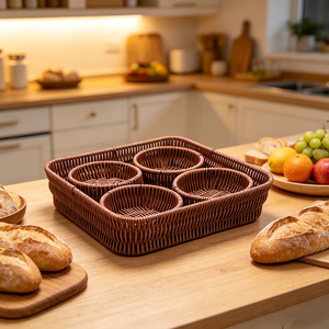 Panier en rotin avec 4 petits paniers ronds séparables, conteneur <span class=keywords><strong>de</strong></span> service multi-compartiments pour <span class=keywords><strong>fruits</strong></span> secs, noix, collations, bonbons - Product Image 4