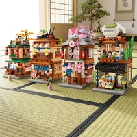 Ensemble de 4 blocs de construction de magasins de rue japonais, Onsen, Ramen, Kimono, Maison de thé, modèle en briques, décoration DIY, cadeau