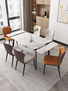 Retractable Rectangular Sintered Stone <b>Dining</b> <b>Table</b> Extendable Marble Top Black Tapered Metal Legs 4-6 Seater For Restaurant - Product Image 4