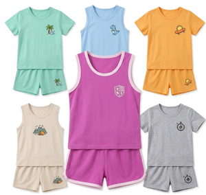 Conjuntos de Ropa de Verano para Niños y Niñas al por Mayor, Colores Variados, Camiseta sin Mangas con Cuello Redondo y Camiseta de Manga Corta de Algodón Suave - Product Image 3