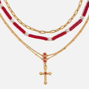 Fashion Layered Necklace Gold <b>Chain</b> Red Beads Pearl <b>Cross</b> Pendant Geometric Design Zinc Alloy Jewelry - Product Image 1