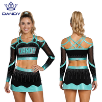 Uniforme de cheerleading personnalisé noir turquoise à manches longues en maille, épaules dénudées, avec strass, dos croisé, haut court et jupe à ourlet ondulé