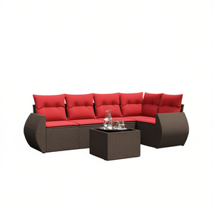 Brown Poly <b>Rattan</b> Garden <b>Sofa</b> Set With Cushions 6 Seater Outdoor Furniture Contemporary Design - Product Image 1