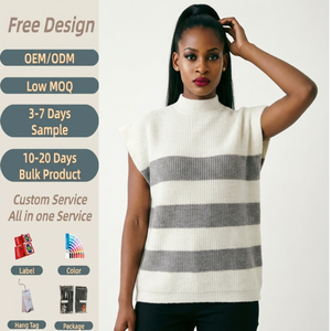 <span class=keywords><strong>Gilet</strong></span> en tricot côtelé épais pour femme, sans manches, col montant, coupe ample et <span class=keywords><strong>oversize</strong></span>, à rayures et blocs de couleur personnalisés - Product Image 2