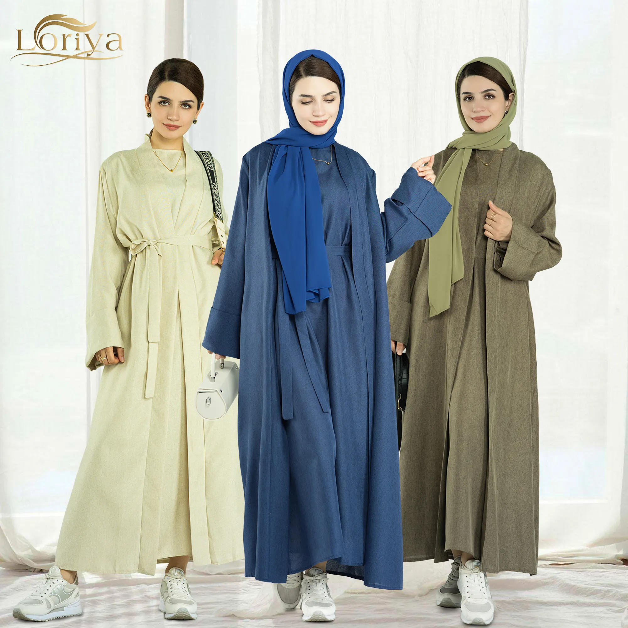 2023ファッション新しいEIDイスラム服リネン無地オープンアバヤイスラム教徒の女性アバヤ