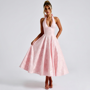 Elegant Pink Satin Halter A-Line <b>Tea</b>-Length Evening <b>Dress</b> Sleeveless Natural Waistline Solid Pattern Woven Fabric - Product Image 1