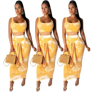 도매 2022 패션 섹시한 숙녀 넥타이 염색 티셔츠 스커트 2 조각 세트 드레스 (P8393)