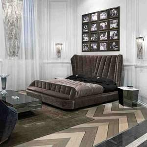 เตียงแต่งงานหรูหรา1.8/หัวเตียงทำจากผ้าสักหลาดด้านหลังสูง2เมตรหุ้มด้วยไฟเก้าอี้สตูลขนาดควีนไซส์เตียงไม้เนื้อแข็ง - Product Image 2