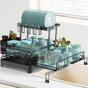 New 2 Tier Extendable Sink <b>Dish</b> Drying <b>Rack</b> Drainer Black Rustproof Steel <b>Dish</b> Strainer With Utensil Holder for Kitchen Counter - Product Image 1