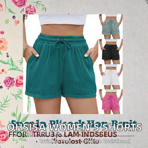 Pantalones Cortos de Pana de Cintura Alta para Mujer, Color Sólido, Cintura Elástica con Cordón, Corte Holgado, Casuales, de Verano, con Bolsillos - Product Image 2