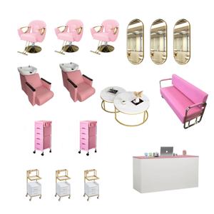 Ensemble d'équipements de salon de coiffure rose très vendu, ensemble de meubles de salon de coiffure, ensembles de meubles de salon de coiffure avec chaise de barbier, miroirs, chariot, bureau d'accueil - Product Image 1