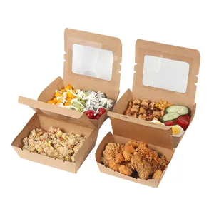Оптовая продажа, упаковка для еды на вынос, коробка для фруктов и салатов из крафт-бумаги с окошком для домашних животных