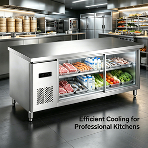 <span class=keywords><strong>Table</strong></span> de travail sur mesure avec réfrigérateur-congélateur intégré, plan de travail de cuisine en acier inoxydable pour boulangerie et conservation alimentaire - Product Image 1