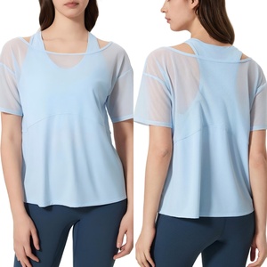 Nouveau t-shirt de <span class=keywords><strong>sport</strong></span> 2-en-1 pour femmes gilet en maille ample léger respirant séchage rapide Yoga T-Shirt à manches courtes haut de Yoga vêtements de <span class=keywords><strong>sport</strong></span> - Product Image 1