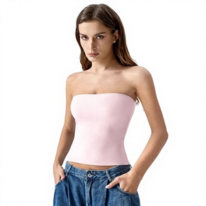 Women Strapless <b>Crop</b> <b>Top</b> Solid <b>Pink</b> Knitted Spandex Cotton Casual Spring Summer Daily Wear Short Length Tube <b>Top</b> - Product Image 3
