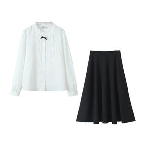 Ensemble chemise blanche et jupe noire pour femme Happy Plus, manches longues, coton Oxford, couleur unie avec boutons, design en forme de A - Product Image 5