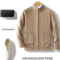 Cardigan Homme Automne Hiver 100% Pure Laine Col Semi-Montant, Veste Pull Zippée Coupe Ample et Ajustée, Vente en Gros Usine OEM ODM