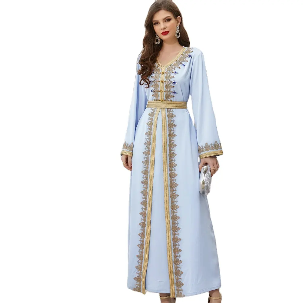 Blue Maxi Dress Hand Stitched Diamond V-Neck Long Sleeves with Belt Muslim Abaya Dress