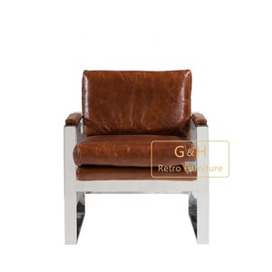 <span class=keywords><strong>Fauteuil</strong></span> Lounge Brown Accent avec cadre en <span class=keywords><strong>cuir</strong></span> souple et acier inoxydable pour le salon - Product Image 1