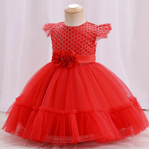 Robe de bal en tulle rouge pour bébés filles, robe de princesse pour le premier anniversaire, col rond avec volants et ceinture florale - Product Image 2