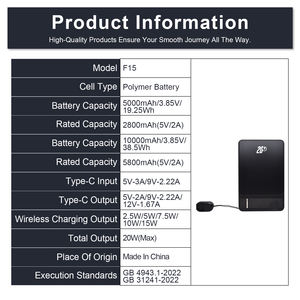 Batería Externa F15 con Cable Integrado de 5000mAh/10000mAh, Panel <span class=keywords><strong>Solar</strong></span>, <span class=keywords><strong>Linterna</strong></span> y Compresor de Aire para Teléfonos - Product Image 3