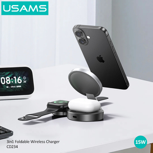 USAMS CD234 multifunzione tre In uno pieghevole magnetico da tavolo per telefono con supporto di ricarica rapida 15W 3 in 1 caricabatterie Wireless - Product Image 4