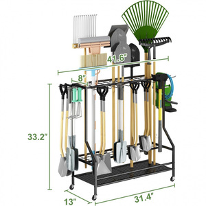 Garage <b>garden</b> tool organizer, multi-functional storage rack with <b>hooks</b>, metal patio tool rack organizer. - Product Image 5