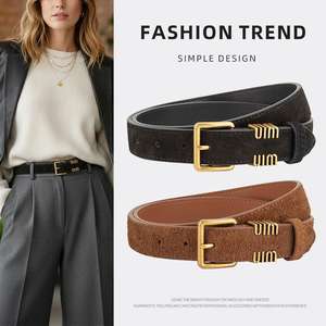 Ceinture en cuir de luxe pour femmes LB105, pour jeans et robes, ceinture en daim vintage en cuir de vachette, boucle carrée dorée, ceintures tendance pour femmes - Product Image 2