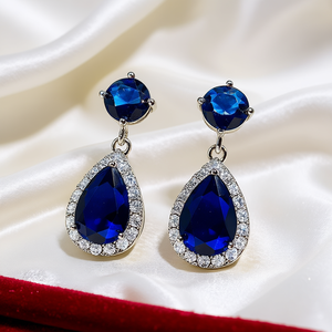 Orecchini Pendenti di Lusso in Cristallo Blu per Donne, Forma a Goccia d'Acqua con Accenti in Strass, Montatura a Griffe, Gioielli da Festa in Lega di Zinco Modello E1356 - Product Image 2