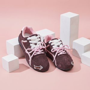 Women <b>Retro</b> Training Shoes Suede Upper Brown Pink Color Block Dachshund Embroidery Double Laces Low‑Profile Flat Casual Sneakers - Product Image 1