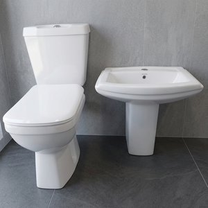 Ensemble de sanitaires en céramique de fabrication indienne, comprenant un WC deux pièces et un lavabo demi-pied. - Product Image 4