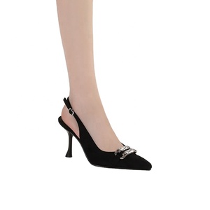 Escarpins élégants classiques en daim noir à bride arrière avec boucle en cristal, bout pointu, <span class=keywords><strong>talon</strong></span> aiguille, confort et tendance mode été automne - Product Image 2