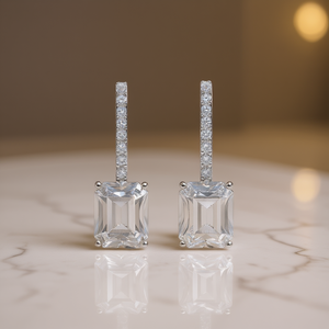 Pendientes de Diamantes en Oro Blanco E407, Corte Esmeralda, Diamantes Naturales, Estilo Clásico para Mujer - Product Image 2