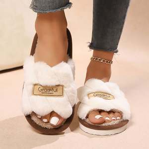Women's Plush Fuzzy <b>Slippers</b> Home Fur Open-Toe <b>Slides</b> Autumn Winter Indoor Silent Comfort EVA Soft-Soled Bedroom Warm Flip Flops - Product Image 2