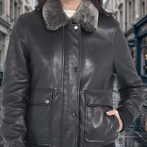 Veste bomber en cuir véritable pour femme, doublée de peau de mouton, col en fourrure, coupe-vent, vêtements d'extérieur d'hiver, manches longues, longueur normale - Product Image 4