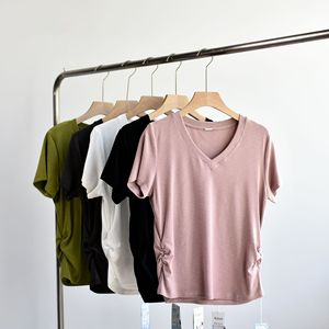 T-shirt col en V ajusté en coton modal pour femme, couleur unie, froncé, décontracté, idéal pour le yoga, les voyages et la randonnée - Product Image 1